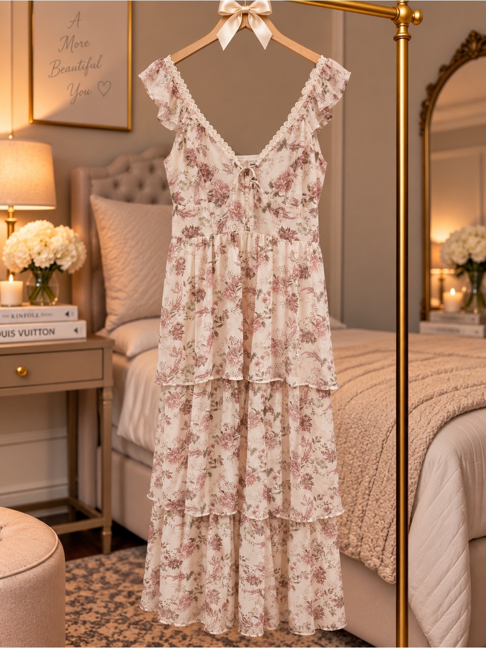 Francesca’s Floral Ruffle Tiered Maxi - Cream & Dusty Rose